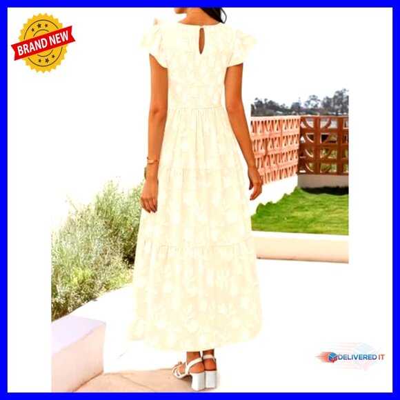 Boho Floral Midi Dress Short Sleeve Smocked A-Line Maxi Beach Vacation - Picture 5 of 7